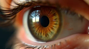 Gros plan macro d'un iris noisette et vert avec reflet de fenêtre sur la cornée, exemple d'iris photo
