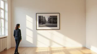 Visiteur de dos devant un grand tirage noir et blanc encadré dans une galerie, illustrant la photo art