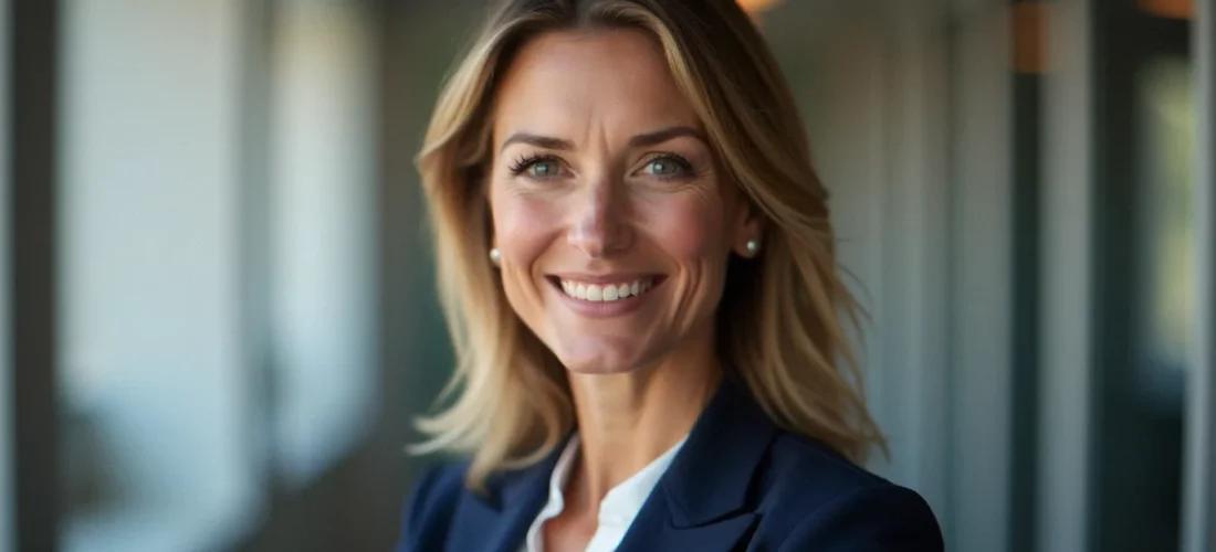 Portrait professionnel d'une femme cadre en veste marine regardant l'objectif avec assurance — exemple de photo de profil LinkedIn réalisée en lumière naturelle à Toulouse