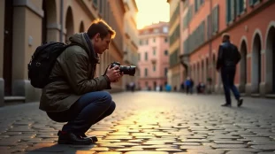 Photographe en action sur une place pavée française à l'heure dorée, illustrant la photo France en milieu urbain