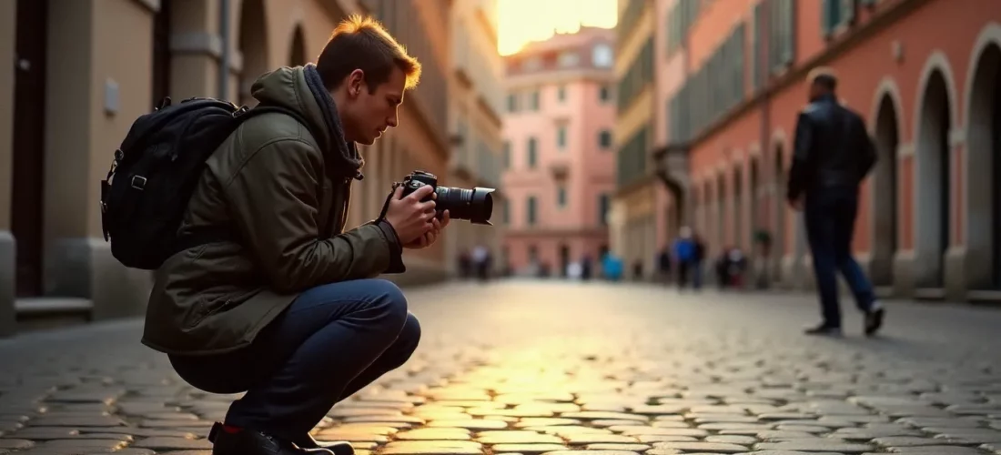 Photographe en action sur une place pavée française à l'heure dorée, illustrant la photo France en milieu urbain