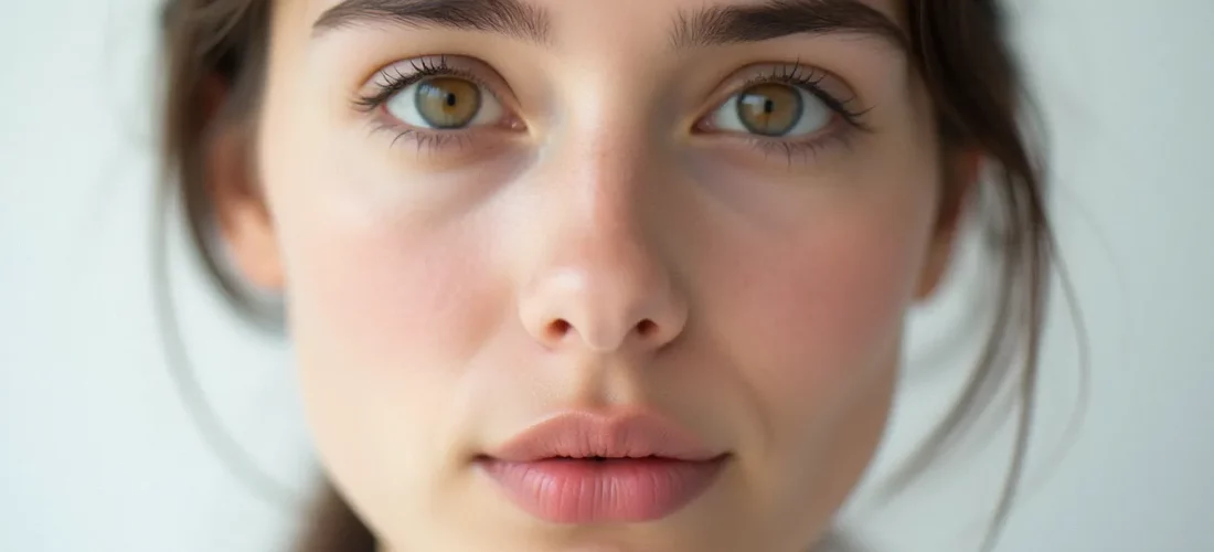 Portrait de face d'une femme aux yeux ouverts sur fond blanc uniforme pour une photo france visa conforme aux normes biométriques