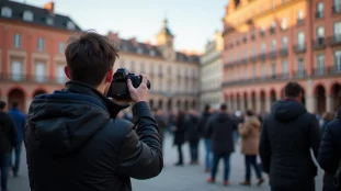 Photographe en train de couvrir un rassemblement sur une place de Toulouse, illustrant la photographie actualité sur le terrain