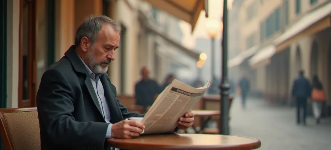 Homme lisant son journal en terrasse de café sur une place toulousaine à l'aube, illustrant la photographie documentaire ainsi que la capture de moments authentiques