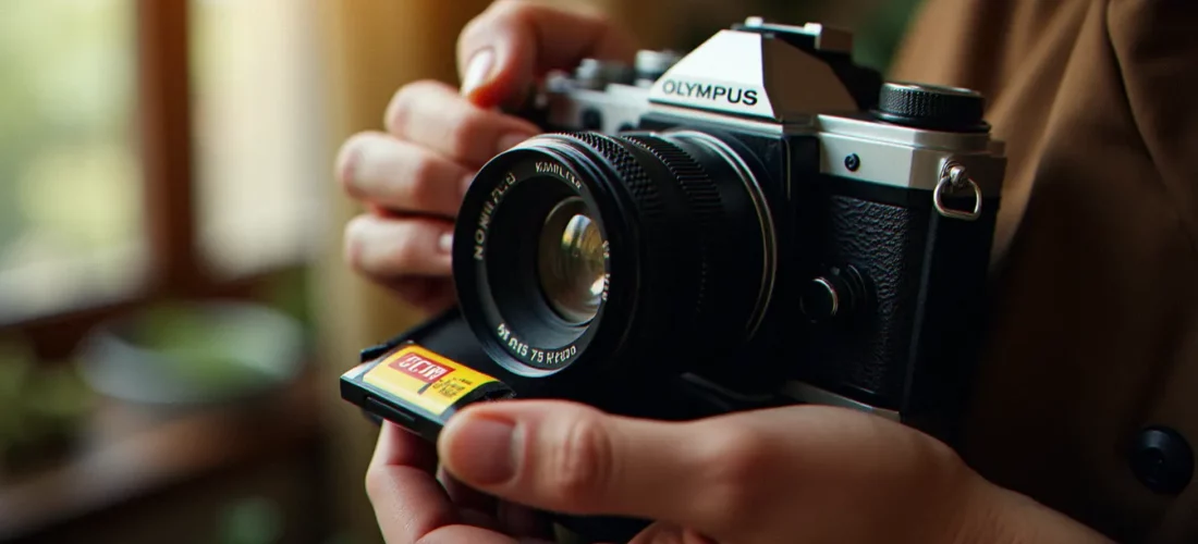 Mains chargeant une pellicule de photographie argentique dans un appareil reflex 35mm vintage sous lumière naturelle