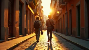 Photographe déambulant dans une ruelle pavée d'une ville du sud de la France à l'heure dorée, illustrant la photographie autour de soi en milieu urbain