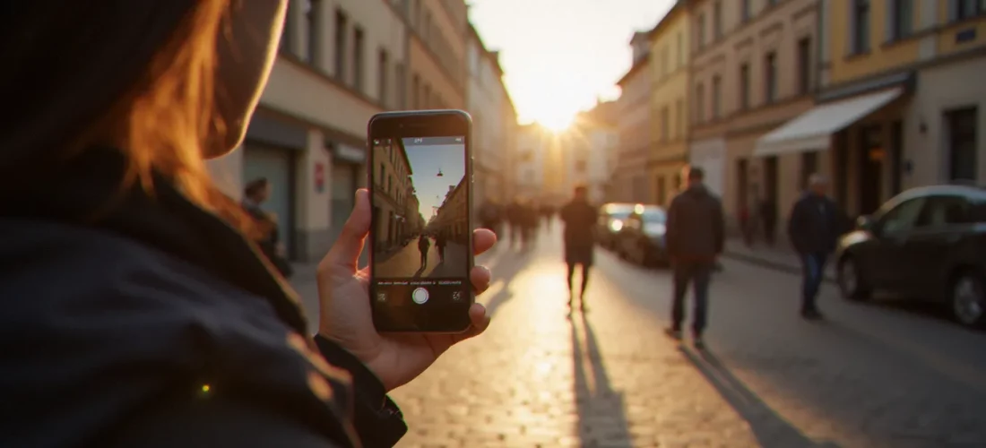 Photographe tenant un smartphone dans une rue pavée ensoleillée pour pratiquer la photographie avec smartphone en mode documentaire