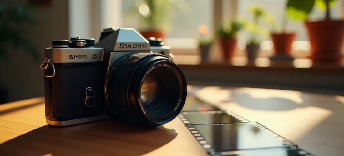 Appareil photo argentique 35mm posé sur une table en bois avec des négatifs développés, illustrant la définition et l'histoire de la photographie
