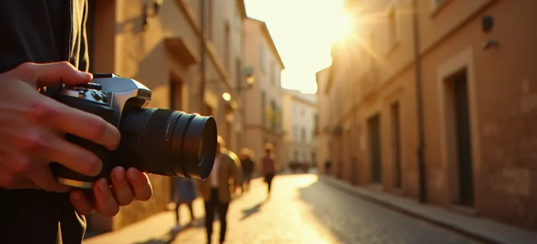 Photographe tenant un appareil photo argentique dans une rue ensoleillée de Toulouse, illustrant la pratique de la photographie de rue en lumière naturelle