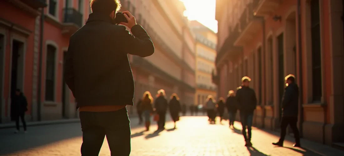 Photographe immobile sur une place de Toulouse en lumière dorée, appareil levé, anticipant un moment de rue — illustration de l'art de photographier au futur