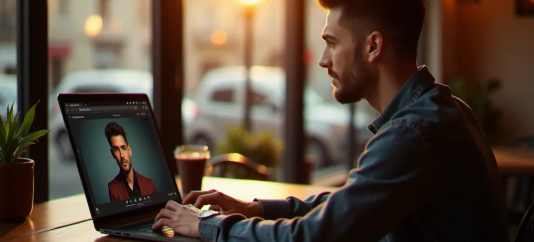 Photographe professionnel consultant son avis sur Photopea en retouchant des portraits sur un laptop dans un café de Toulouse, lumière naturelle dorée