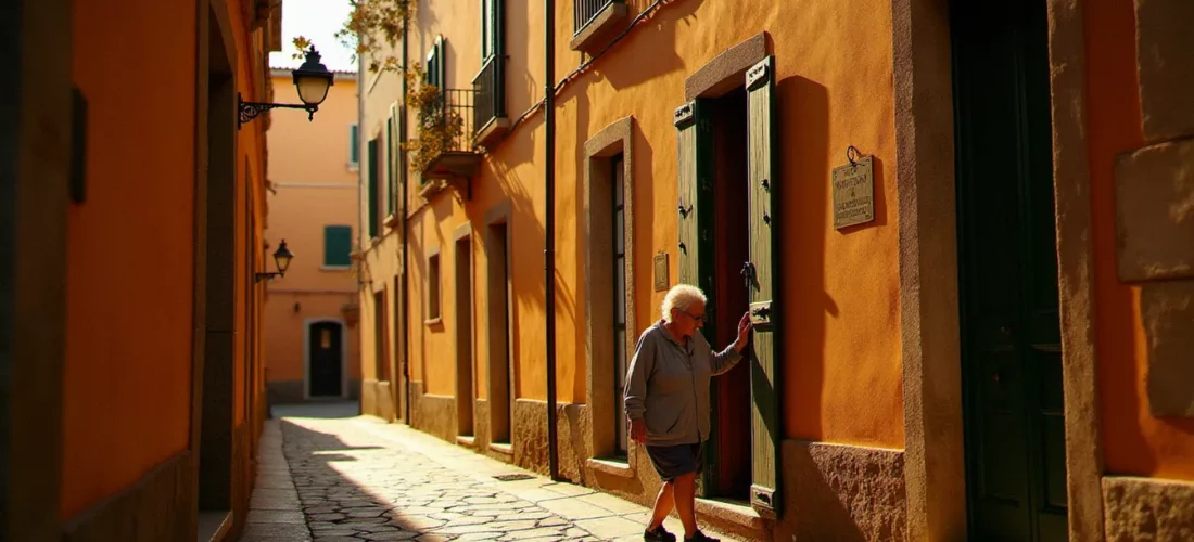 Ruelle médiévale de Mougins au lever du soleil lors d'une session de quick mougins photos, avec lumière dorée rasante sur les murs en pierre ocre et une silhouette en arrière-plan