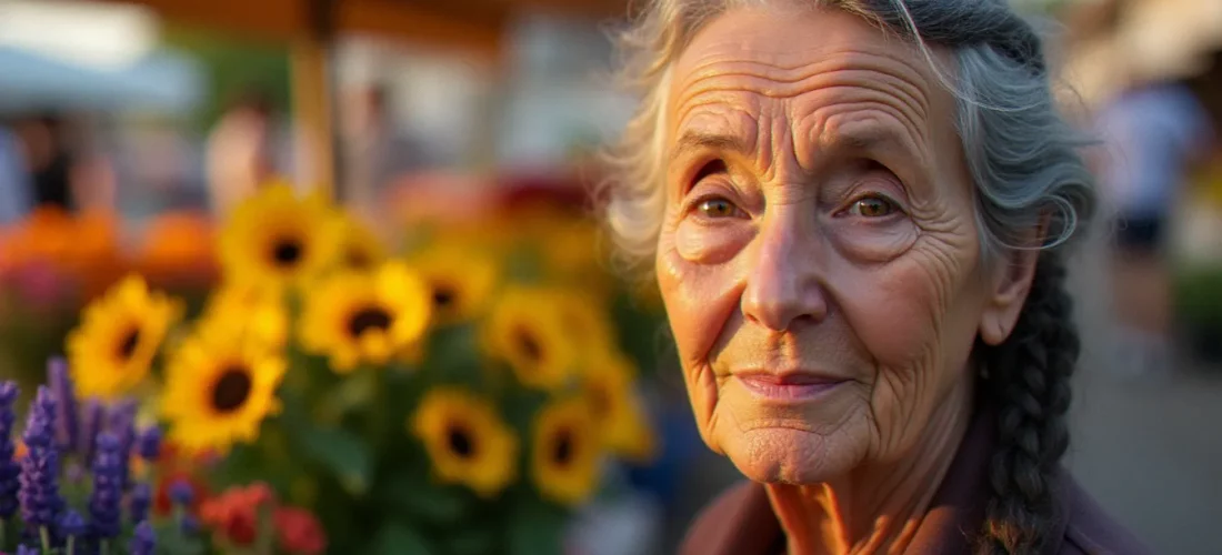 Portrait documentaire en gros plan d'une femme âgée au marché aux fleurs de Toulouse, illustrant la recherche personne photo par l'authenticité d'un visage capturé en lumière naturelle