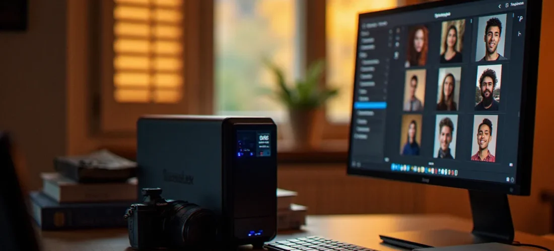 Bureau de photographe avec un NAS Synology allumé et une bibliothèque Synology Photos affichée sur grand écran, lumière dorée de Toulouse en arrière-plan