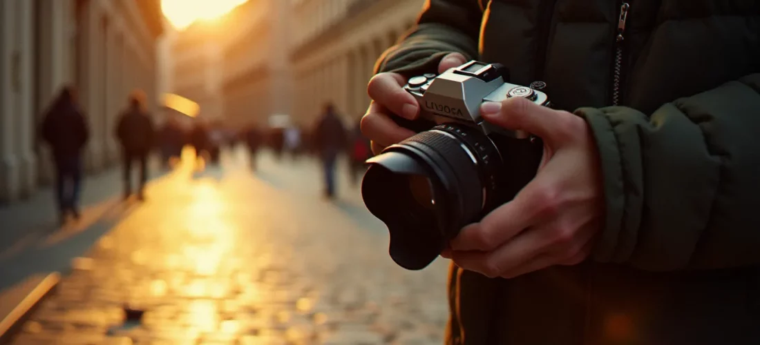 Photographe tenant un appareil Leica argentique dans une ruelle pavée de Toulouse à l'heure dorée, illustrant le terme photographie dans sa dimension artisanale et lumineuse