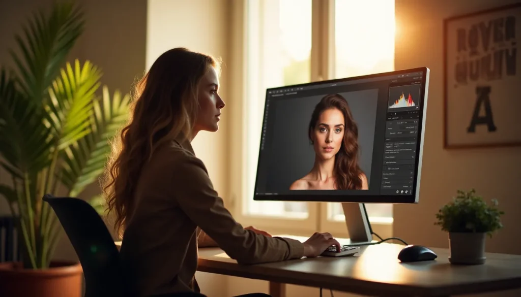 Photographe comparant deux versions d'un portrait compressé sur écran calibré dans un studio toulousain, illustrant le processus professionnel de compression photo