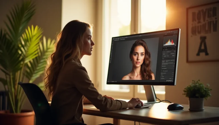 Photographe comparant deux versions d'un portrait compressé sur écran calibré dans un studio toulousain, illustrant le processus professionnel de compression photo
