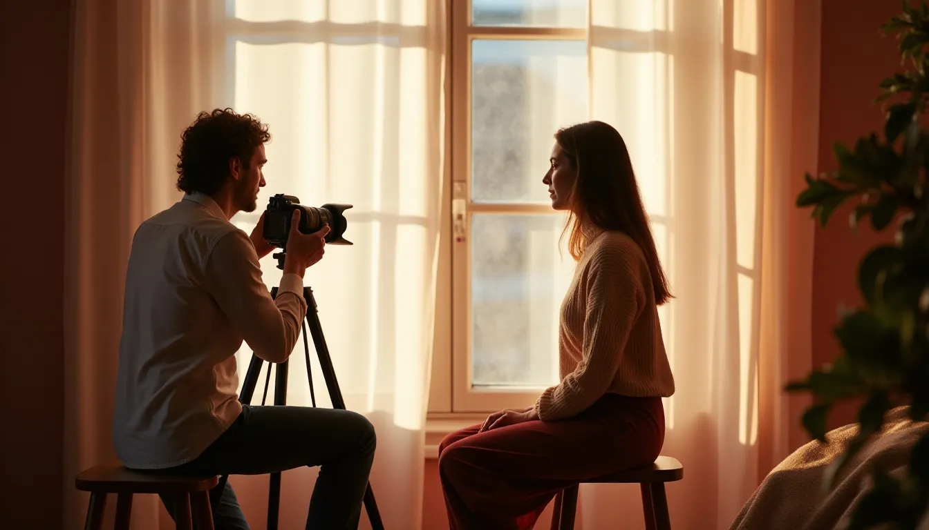 Séance photo portrait en lumière naturelle près d'une fenêtre pour créer une photo de profil WhatsApp professionnelle, ambiance chaleureuse et lumière douce