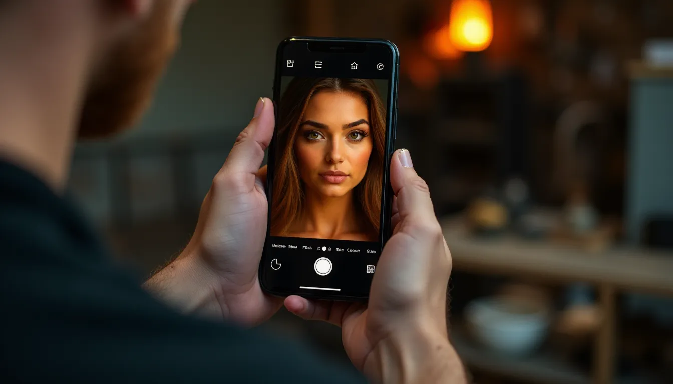 Mains de photographe tenant un smartphone affichant l'interface de Photoroom lors du détourage en temps réel d'un portrait d'artisane éclairée par la chaleur d'un four