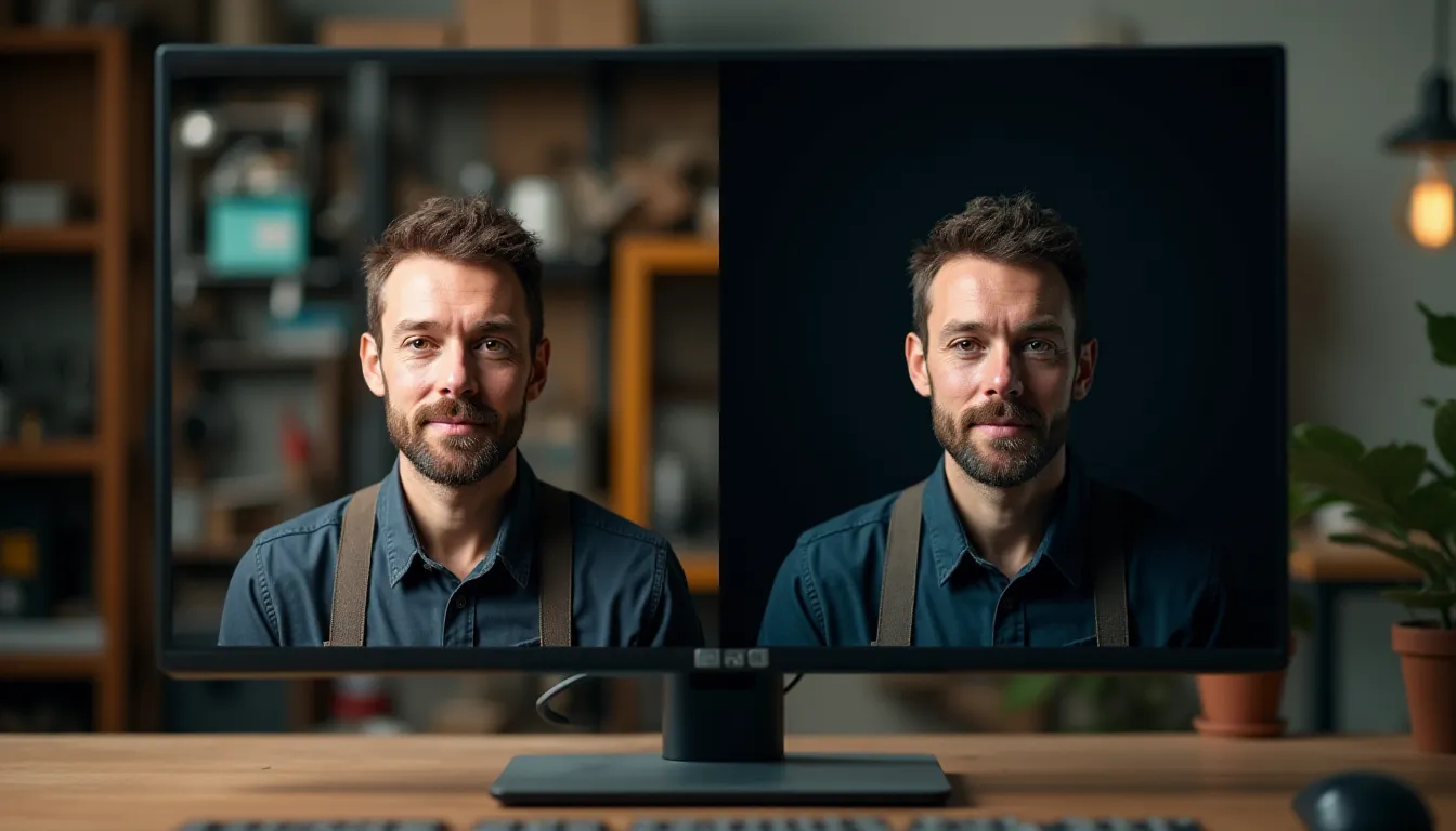 Écran d'ordinateur montrant la comparaison avant-après d'un portrait d'artisan traité avec Photoroom, avec suppression de l'arrière-plan encombré et remplacement par un fond sombre professionnel