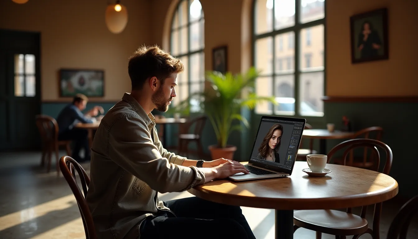 Photographe professionnel retouchant des portraits avec Photoroom sur un ordinateur portable dans un café toulousain baigné de lumière matinale dorée