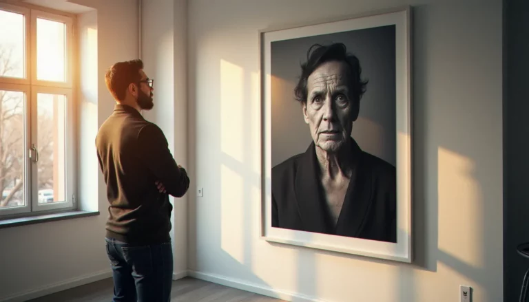 Photographe professionnel examinant un agrandissement photo portrait grand format sur un mur blanc dans un studio toulousain baigné de lumière naturelle