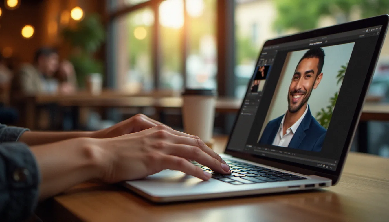 Photographe utilisant l'interface Clipdrop sur ordinateur portable pour effacer l'arrière-plan d'un portrait en post-production