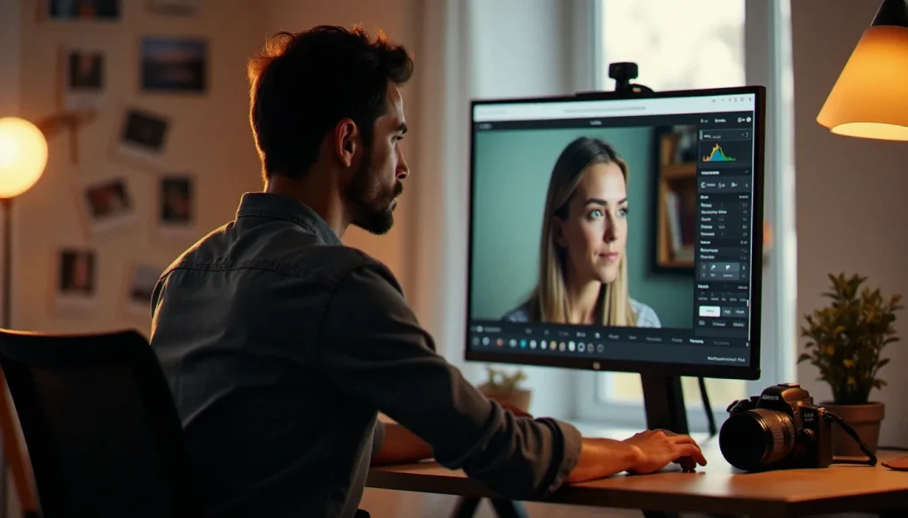 Photographe professionnel utilisant Clipdrop sur un grand écran pour retoucher des portraits dans son studio à Toulouse