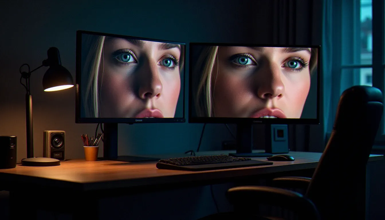 Comparaison visuelle sur deux écrans de studio des effets de différents niveaux de compression d'une photo portrait, illustrant les artefacts d'une surcompression