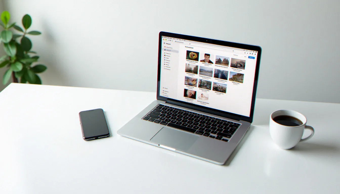 Vue aérienne d'un bureau minimaliste avec un ordinateur affichant un dossier Google Drive organisé, contenant des photos portrait prêtes à être partagées par lien mail