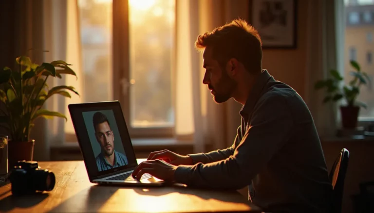 Photographe professionnel sélectionnant et préparant des photos à envoyer par mail sur son ordinateur portable, lumière matinale naturelle dans un appartement toulousain