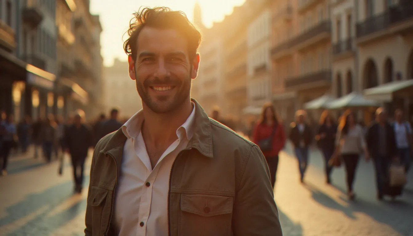 Portrait de rue authentique d'un homme souriant en pleine lumière dorée dans une place européenne, illustrant le type de photo idéale pour un profil de messagerie