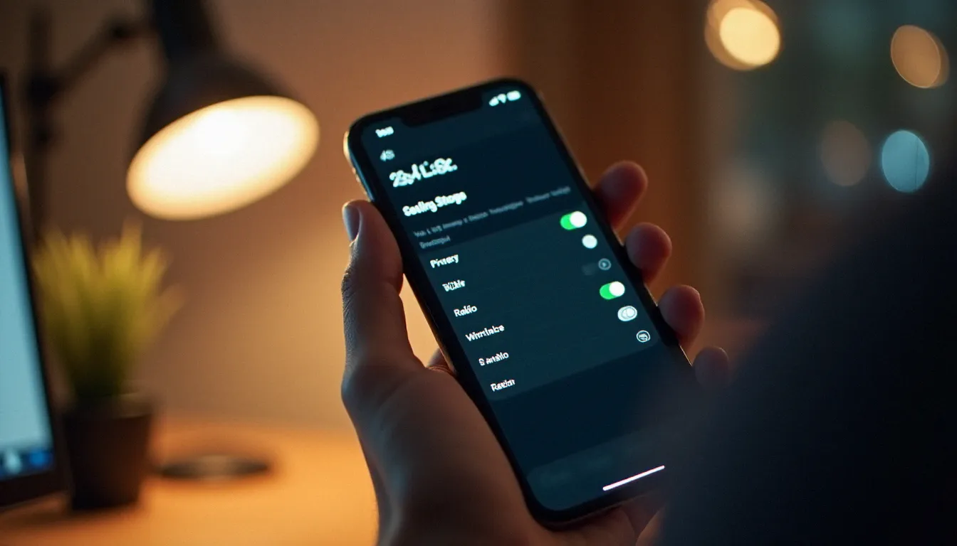 Smartphone affichant un menu de paramètres de confidentialité avec des options de visibilité, tenu dans une main dans un bureau moderne éclairé à la lumière douce