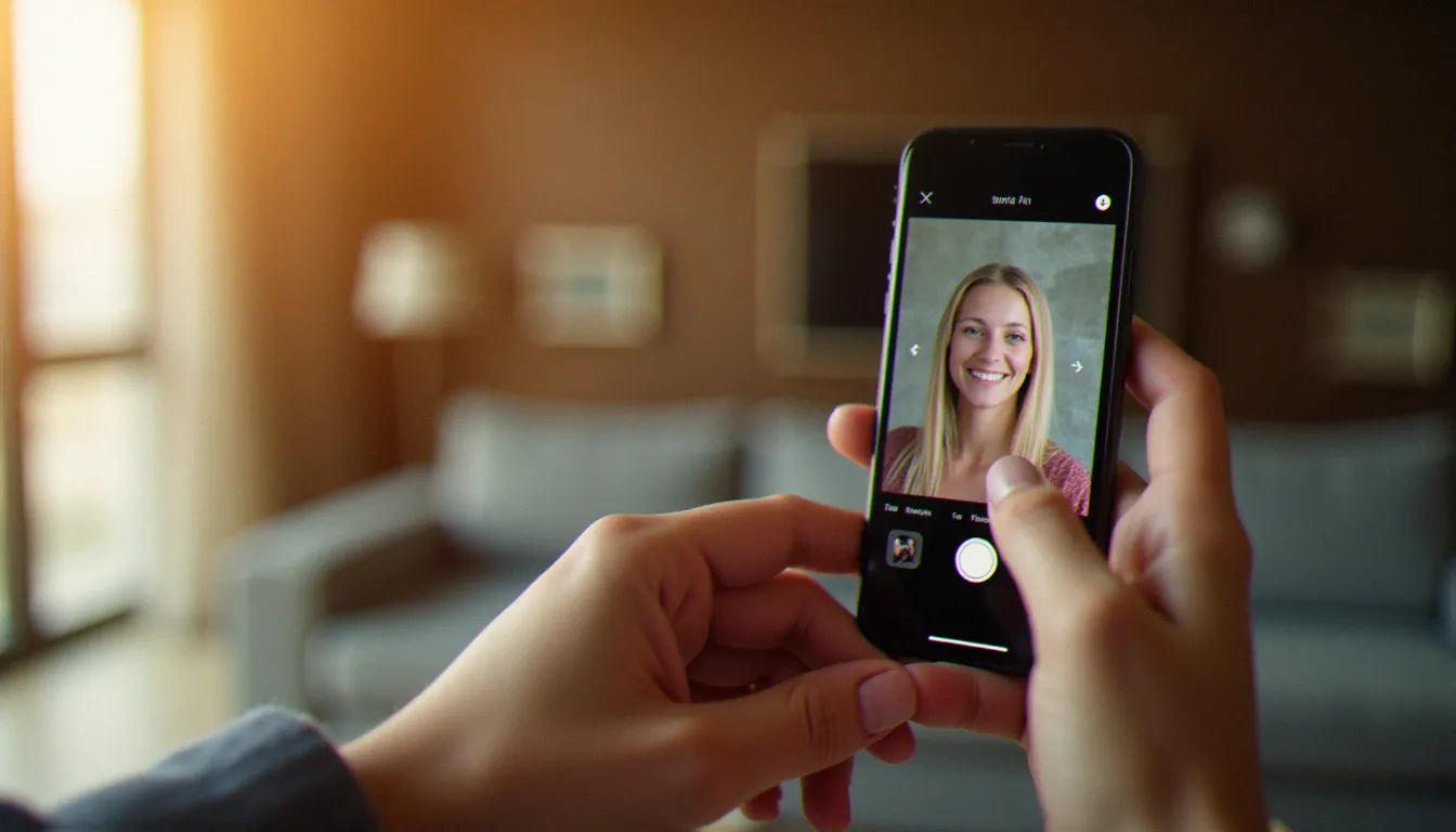 Mains tenant un smartphone avec l'interface de recadrage de photo de profil affichée, illustration de comment mettre une photo de profil sur WhatsApp