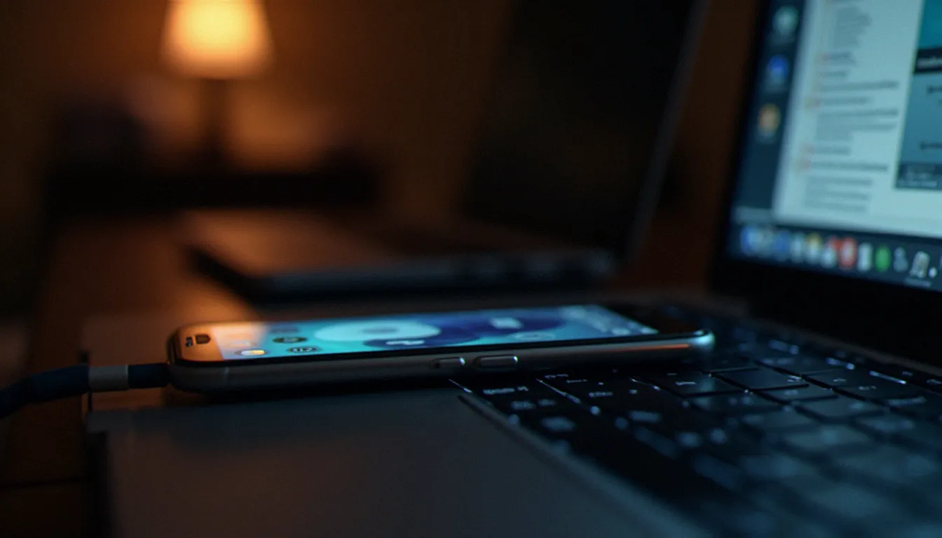 iPhone branché à un ordinateur portable via câble USB pour une tentative de récupération de photos supprimées avec un logiciel tiers