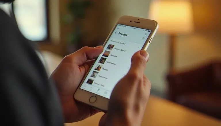 Mains tenant un iPhone ouvert sur l'album Récemment supprimés de l'application Photos pour récupérer des photos supprimées sur iPhone