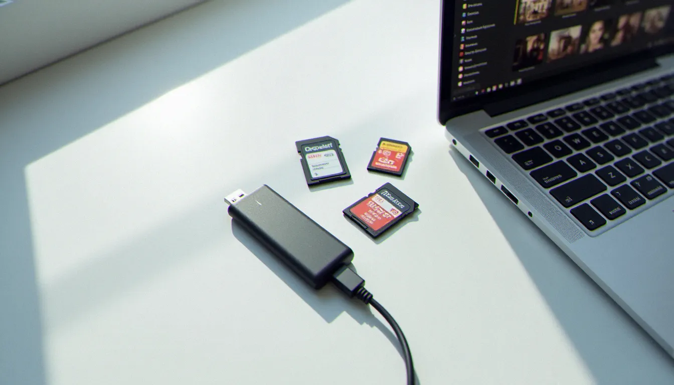 Cartes SD et lecteur USB disposés près d'un ordinateur portable affichant un logiciel de récupération de données photographiques depuis une carte mémoire