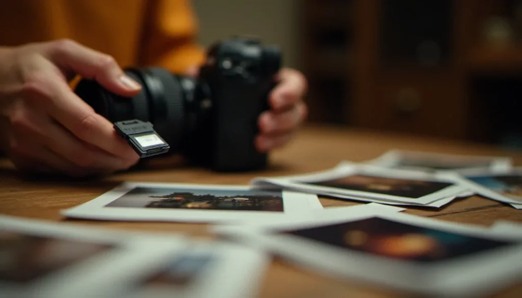Mains de photographe tenant un appareil photo avec une carte SD éjectée, illustrant la problématique de comment retrouver une photo supprimée