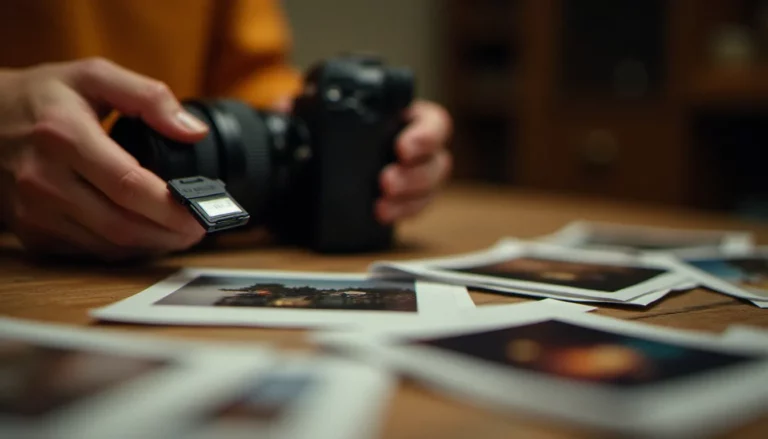 Mains de photographe tenant un appareil photo avec une carte SD éjectée, illustrant la problématique de comment retrouver une photo supprimée