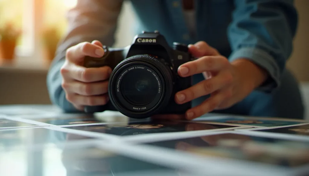 Photographe professionnel tenant un appareil photo reflex au-dessus de tirages portraits, illustrant le travail de détourage photo gratuit en post-production