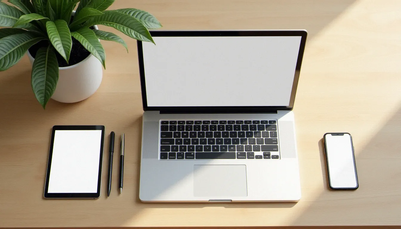 Comparaison de différents outils numériques sur laptop, tablette et smartphone pour traiter et enlever un filigrane sur une photo