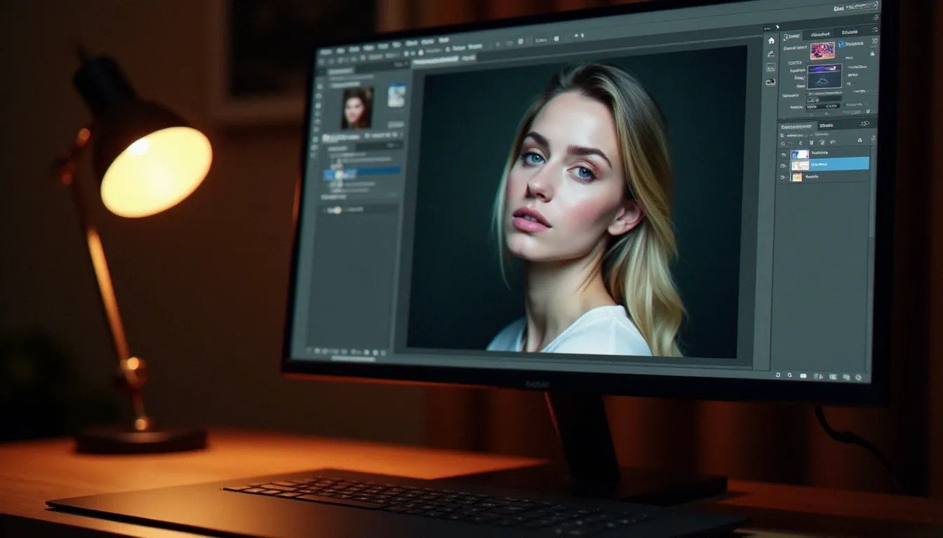 Photographe professionnel utilisant Adobe Photoshop pour enlever le filigrane d'une photo portrait sur un grand écran de bureau avec tablette graphique