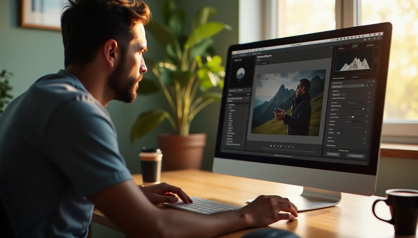 Photographe consultant le panneau de métadonnées exif dans Lightroom Classic sur grand écran, paramètres d'exposition et données GPS visibles, lumière naturelle de côté