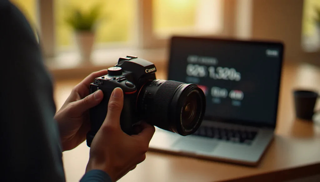 Photographe tenant un appareil reflex en lumière dorée du matin, données exif visibles sur l'écran d'un ordinateur portable en arrière-plan sur un bureau en bois