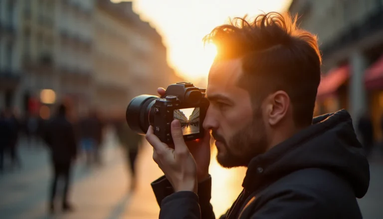 Photographe cadrant un portrait en format Instagram photo 4:5 lors d'une séance en rue à la lumière dorée