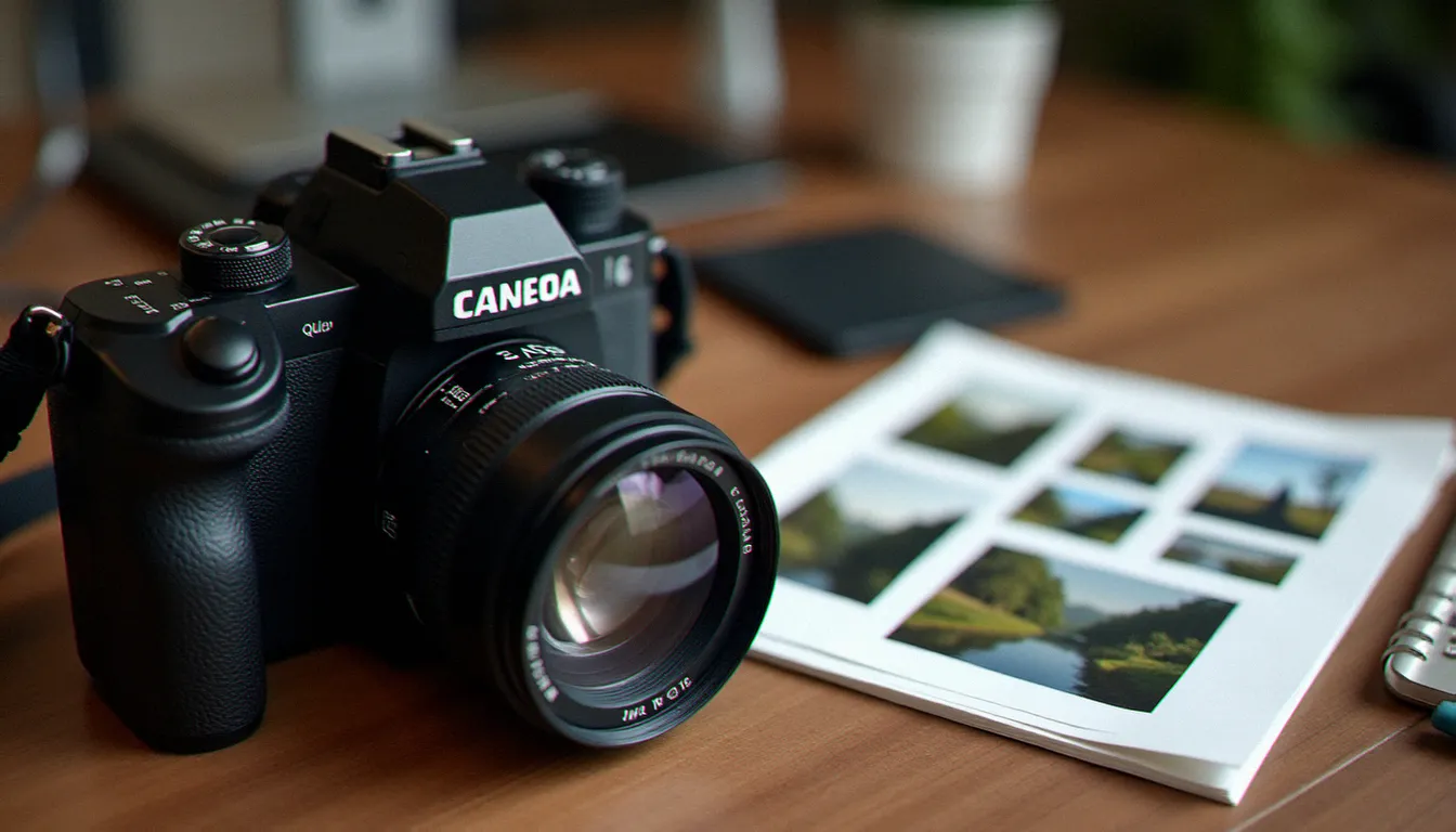 Mise à plat d'un appareil photo et d'une grille de formats photo Instagram imprimés sur un bureau en bois, illustrant les différents ratios disponibles