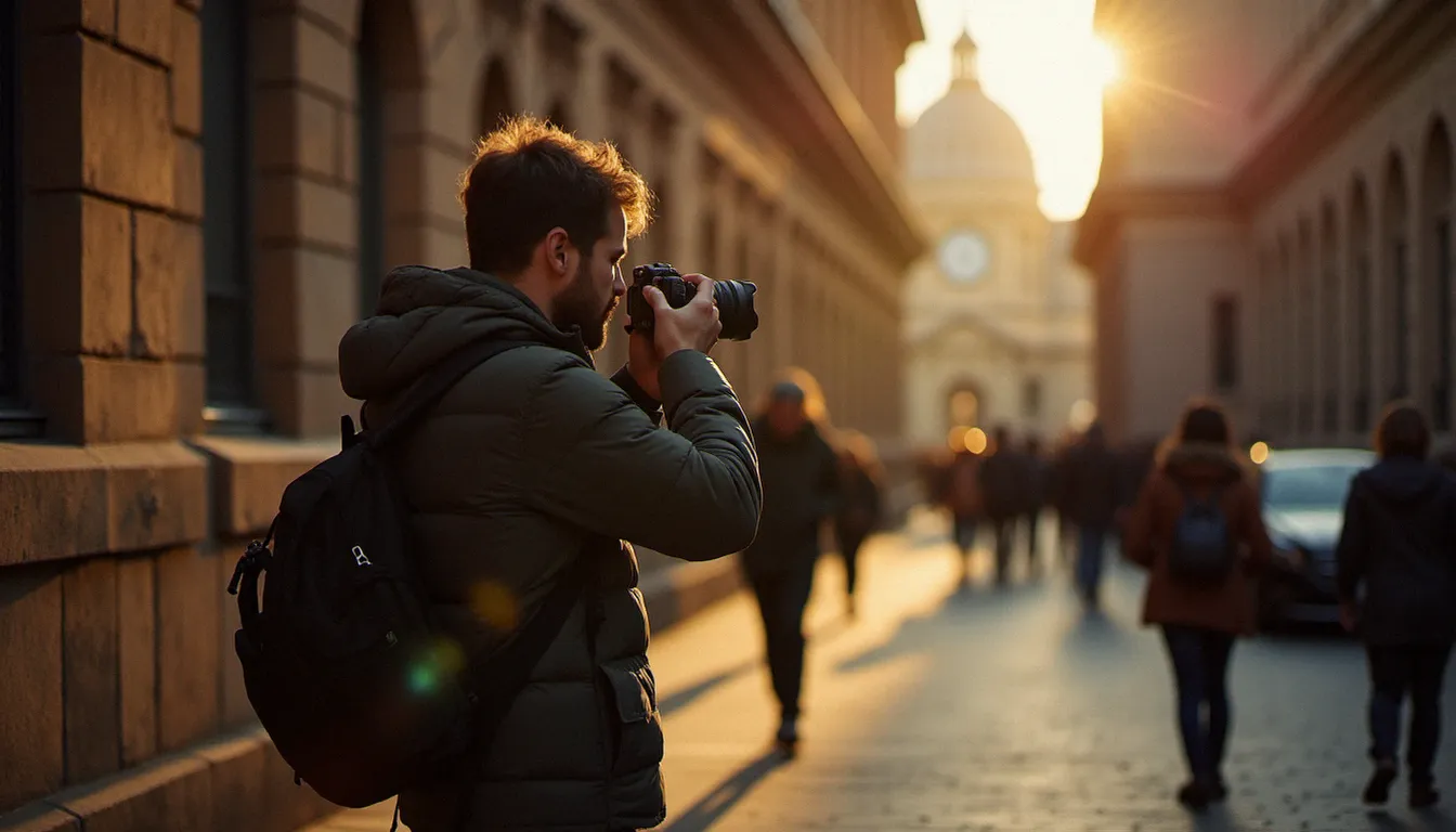 Photographe de rue à Toulouse cadrant un portrait vertical en format 4:5 dans une lumière dorée en fin de journée, illustrant le choix du format vertical sur Instagram