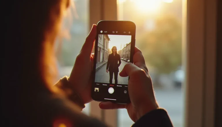Photographe examinant le format photo Instagram sur son smartphone, avec un portrait vertical en format 4:5 visible sur l'écran