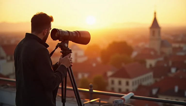 Photographe installant un dispositif de prise de vue gigapixel sur un toit avec téléobjectif sur rotule motorisée, vue urbaine en contrebas illustrant la technique gigapixel en conditions réelles à Toulouse
