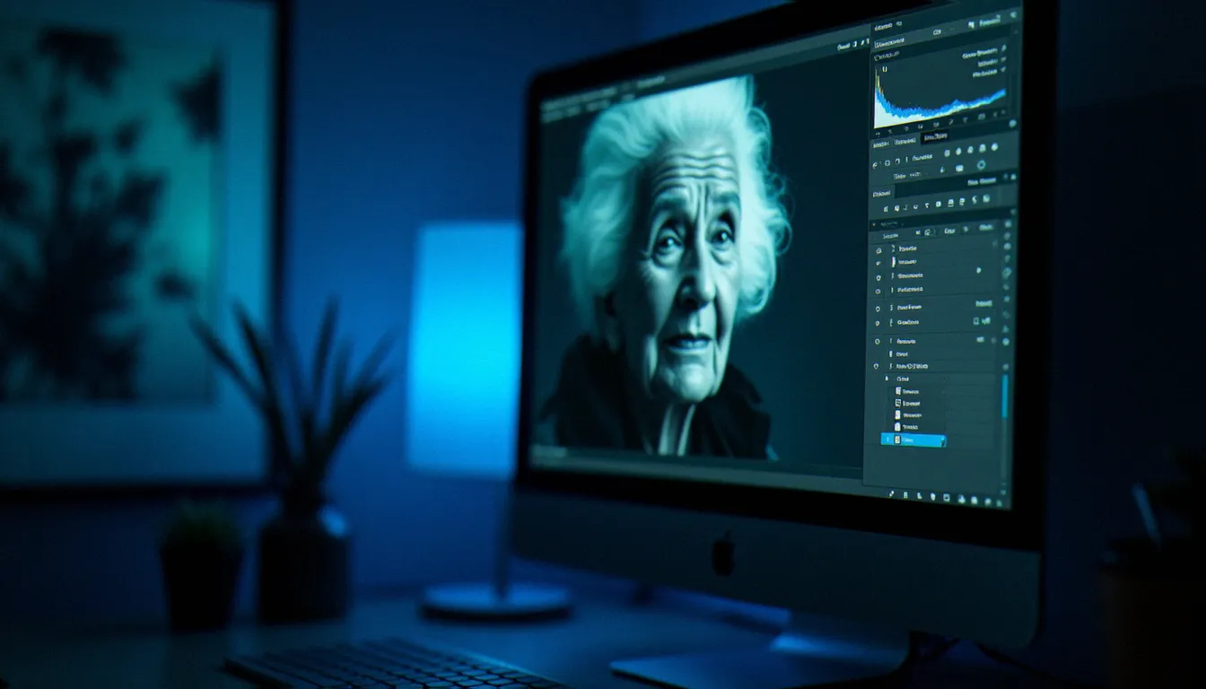 Écran d'ordinateur montrant les calques et courbes Photoshop pour des graphismes PS de portrait en noir et blanc, ambiance de studio sombre éclairée par la lumière froide du moniteur